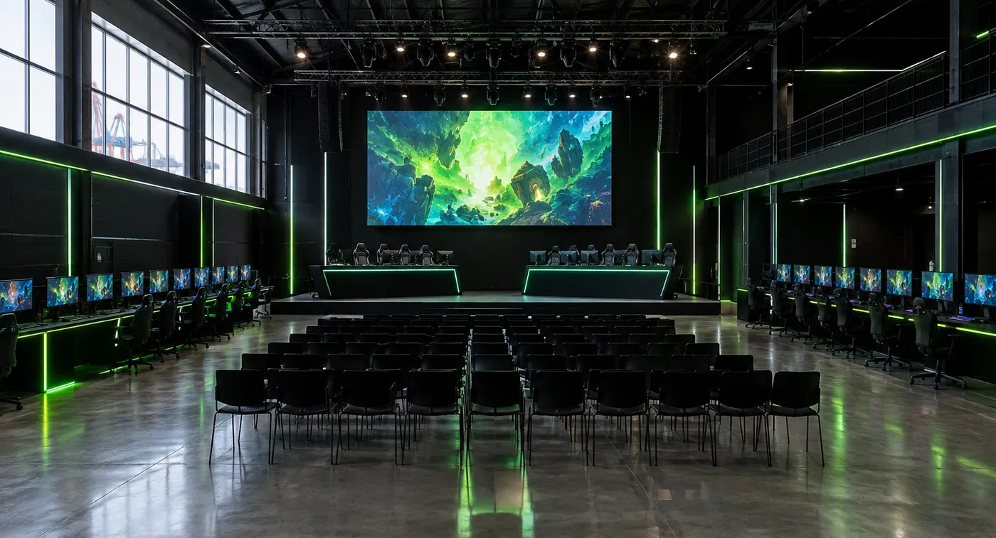 Palco com dois estrados e ecrã LED, visto da bancada