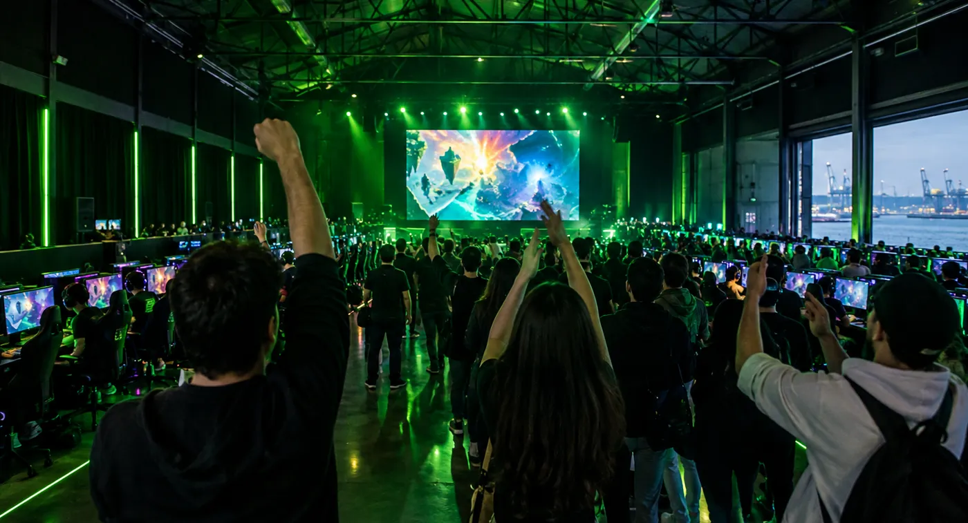 Público de braços no ar em frente ao ecrã do palco durante uma final