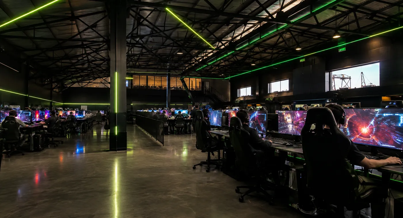 Sala principal com dezenas de postos ocupados e luz verde no teto