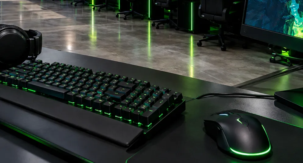Teclado mecânico com luz verde e rato leve em cima do tapete