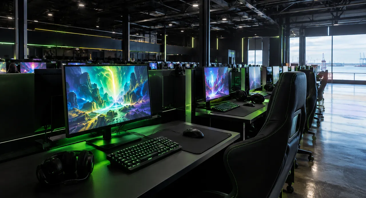 Posto da arena com monitor, teclado iluminado e auscultadores sobre a mesa