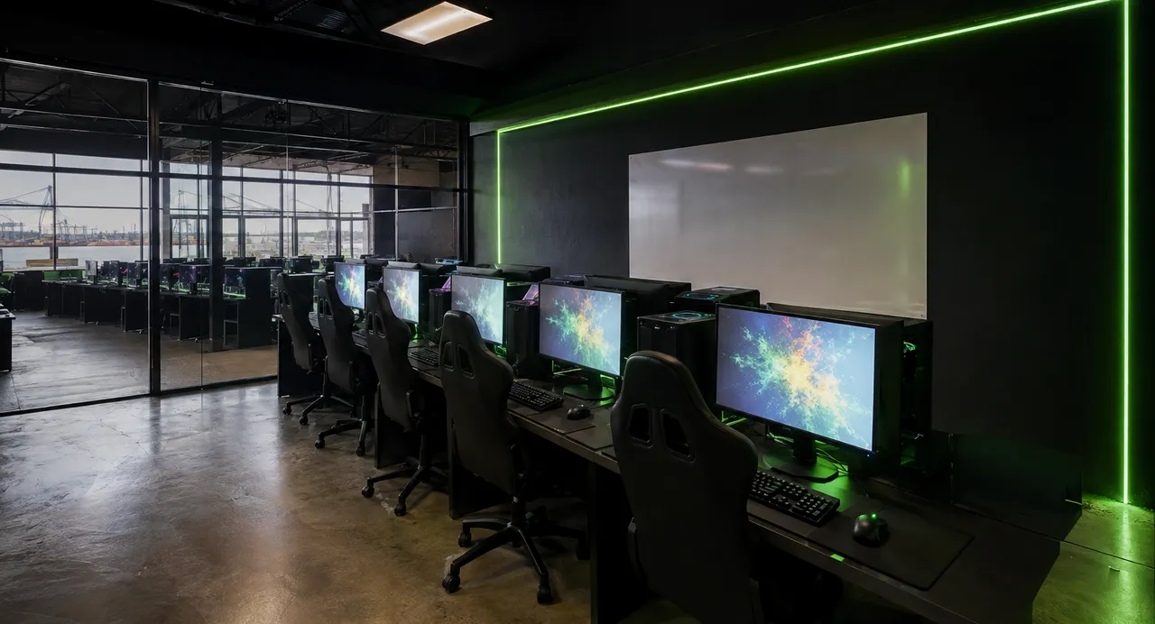 Sala de bootcamp com cinco postos e quadro branco